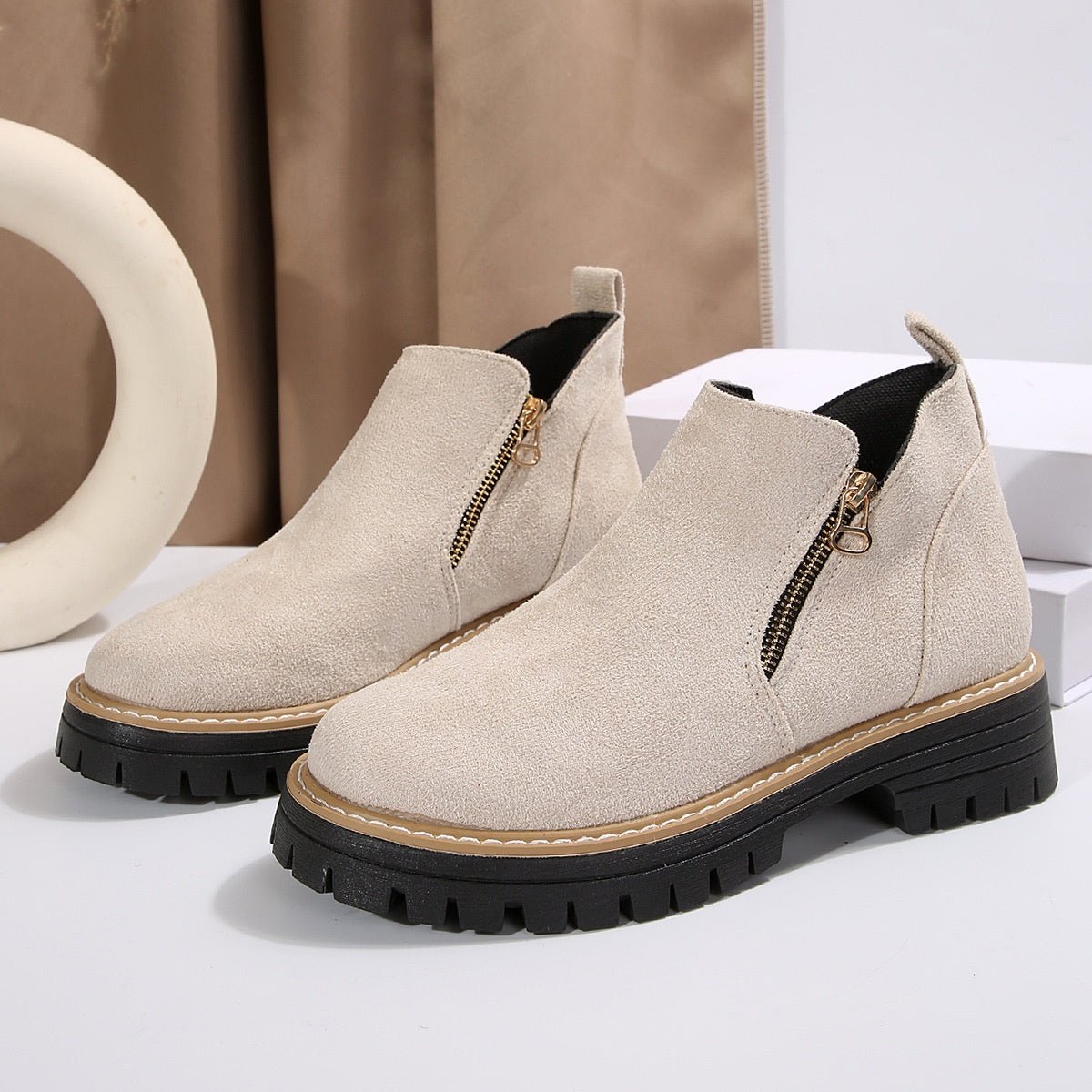 Fashion Ankle Boots With Side Zipper Ins Chunky Boots Autumn Winter Suede Shoes Women - AXON