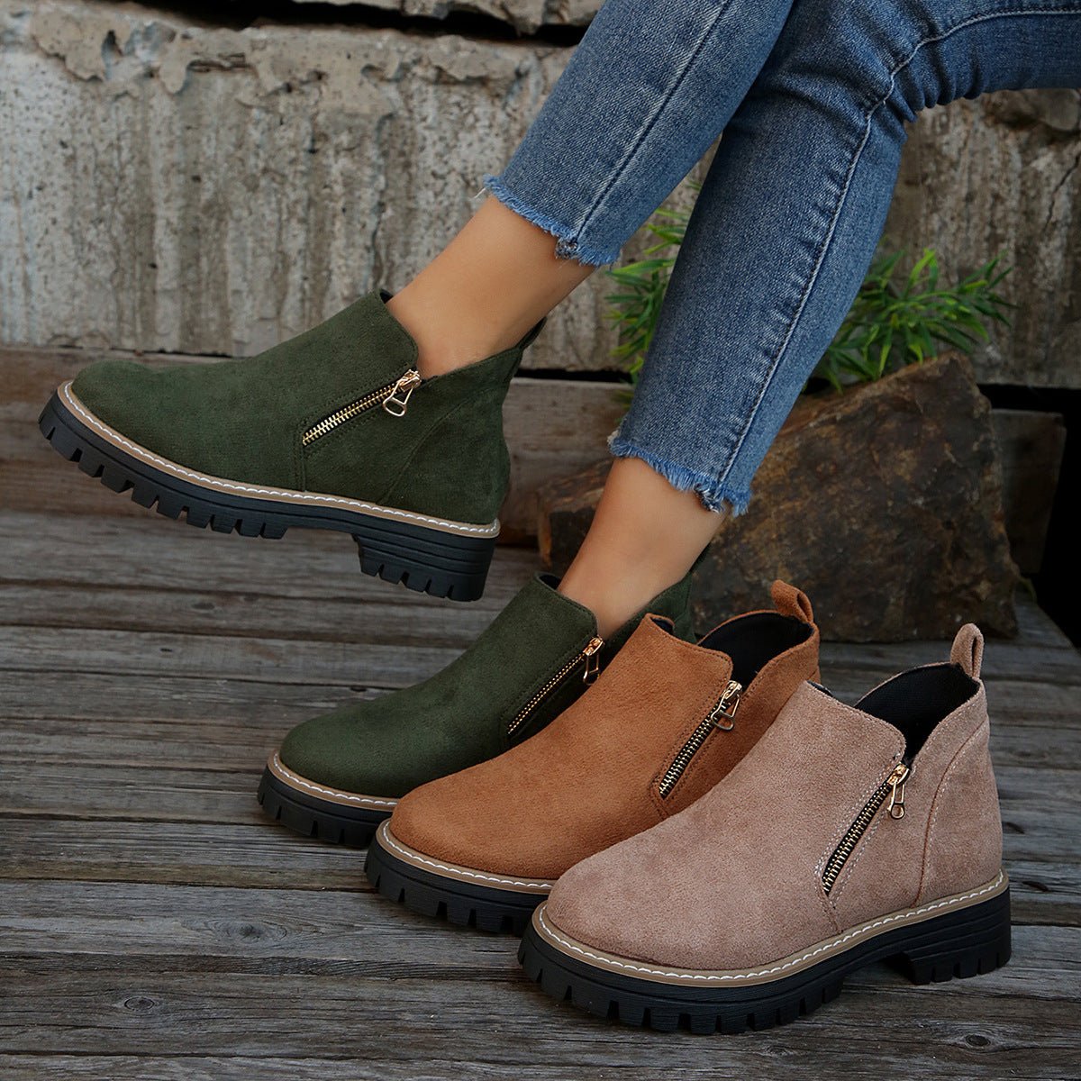 Fashion Ankle Boots With Side Zipper Ins Chunky Boots Autumn Winter Suede Shoes Women - AXON
