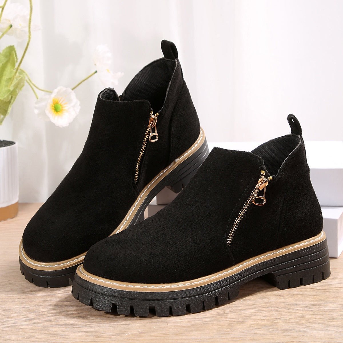 Fashion Ankle Boots With Side Zipper Ins Chunky Boots Autumn Winter Suede Shoes Women - AXON