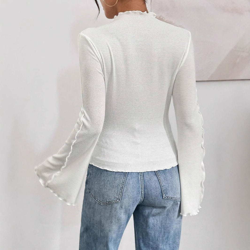 Fashion Beveled Bell Sleeve Slim Fit Inner Wear Ruffled Collar Bottoming Shirt - AXON