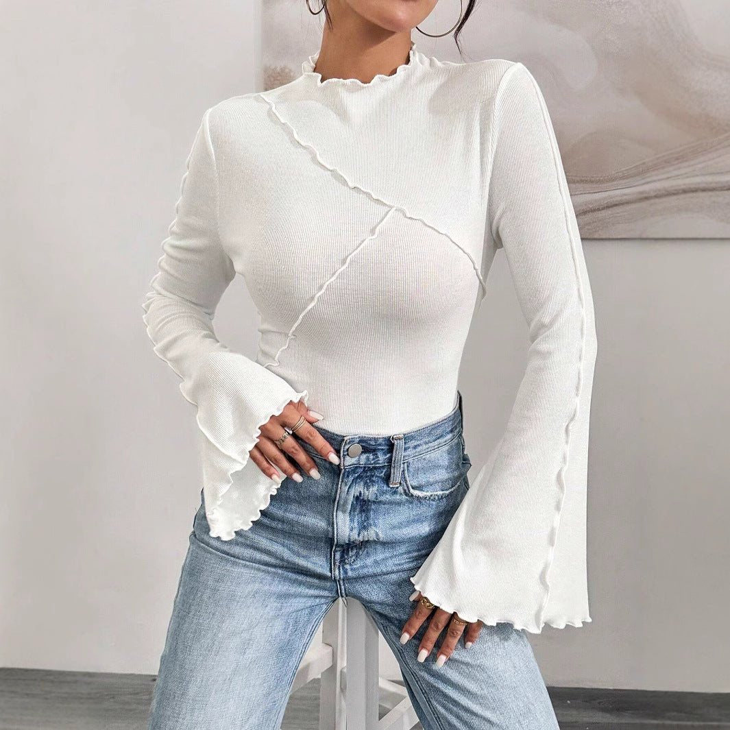 Fashion Beveled Bell Sleeve Slim Fit Inner Wear Ruffled Collar Bottoming Shirt - AXON