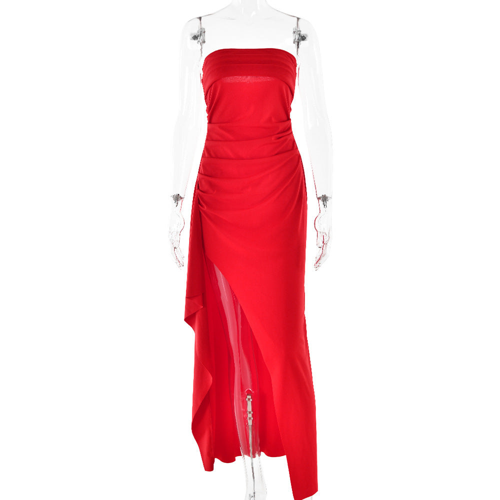 Strapless Split Long Dress Summer Fashion Pleated Bridesmaid Dress For Women´s Party Wedding Clothing