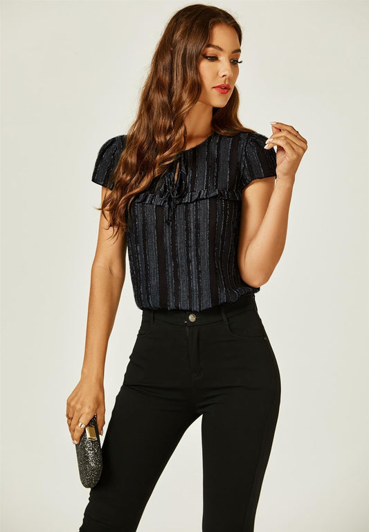 Flocked Tulle Sheer Top In Black - AXON