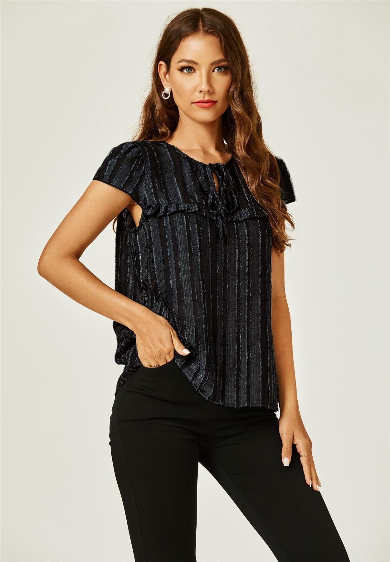 Flocked Tulle Sheer Top In Black - AXON