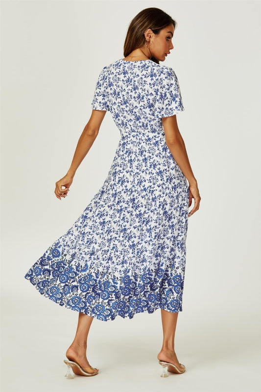 Floral Border Print Hem Tiered Midi Dress In White - AXON