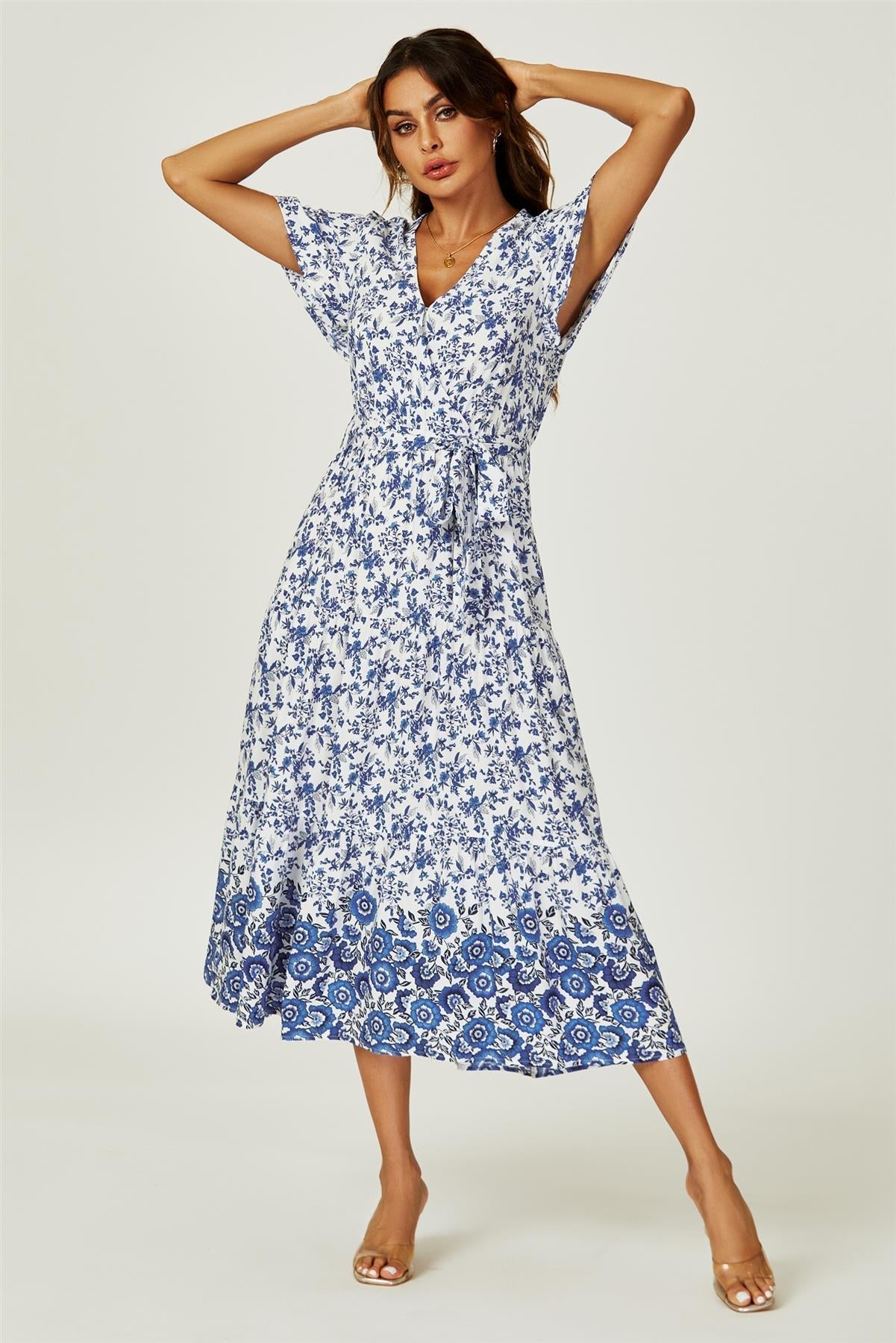 Floral Border Print Hem Tiered Midi Dress In White - AXON