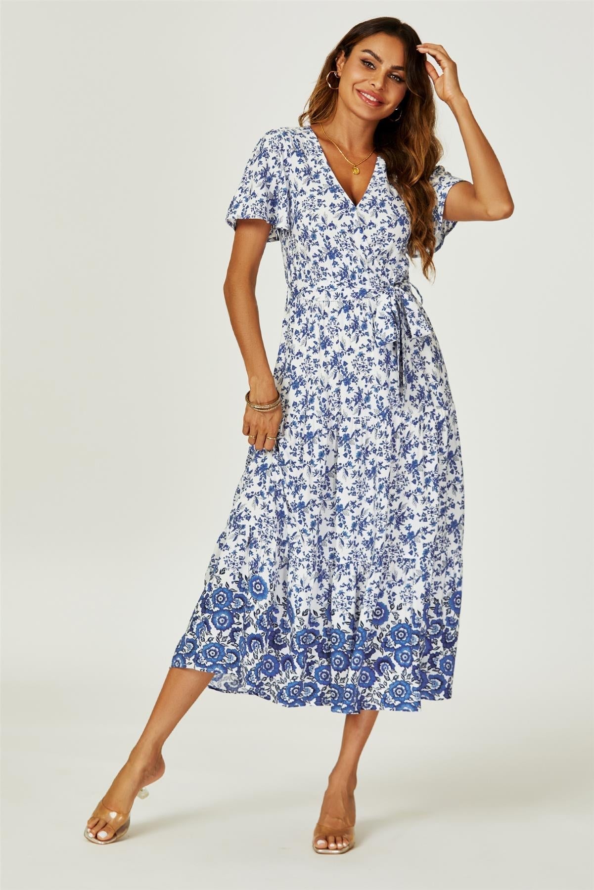 Floral Border Print Hem Tiered Midi Dress In White - AXON