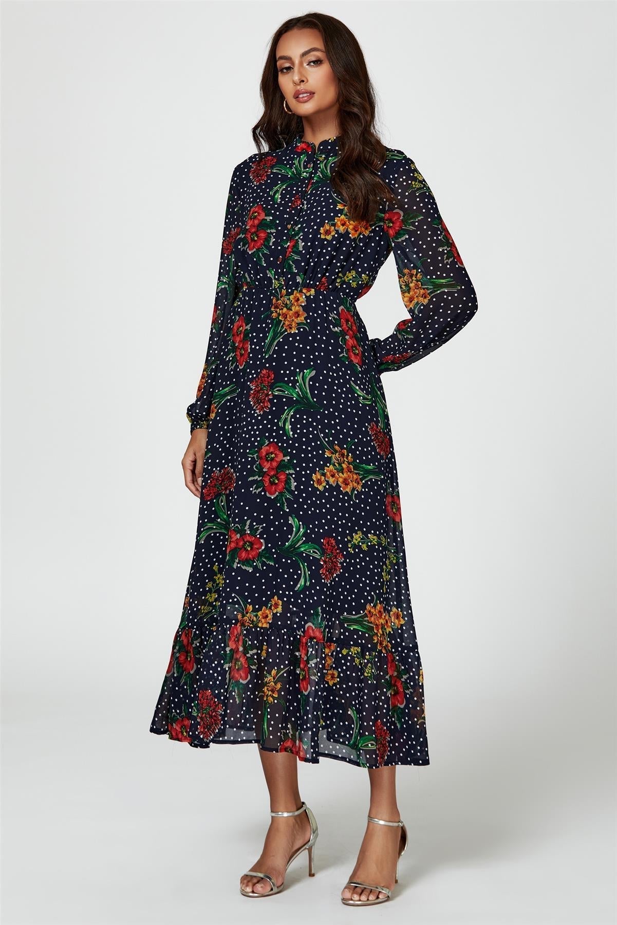 Floral Dot Print Maxi Dress In Navy - AXON