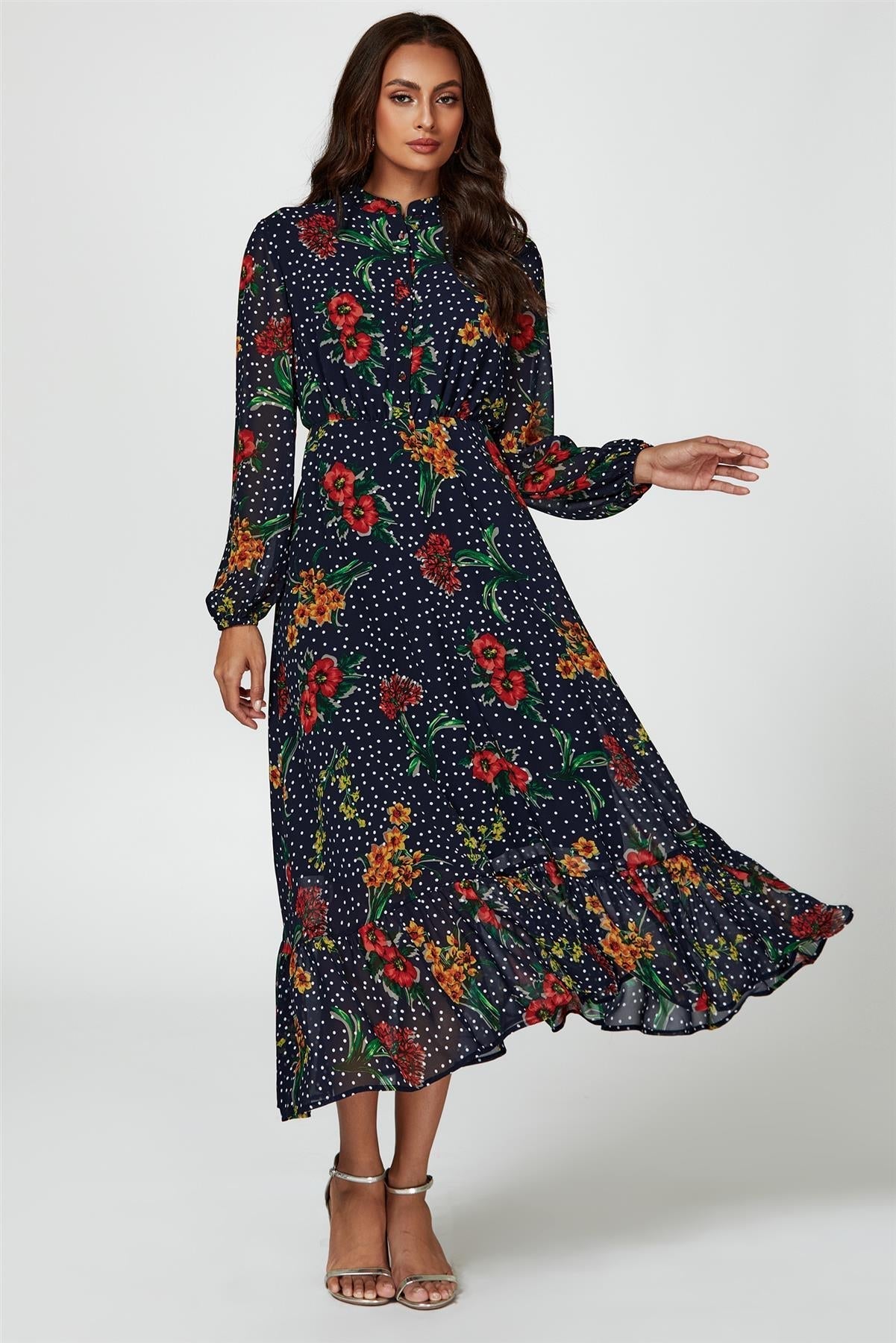 Floral Dot Print Maxi Dress In Navy - AXON