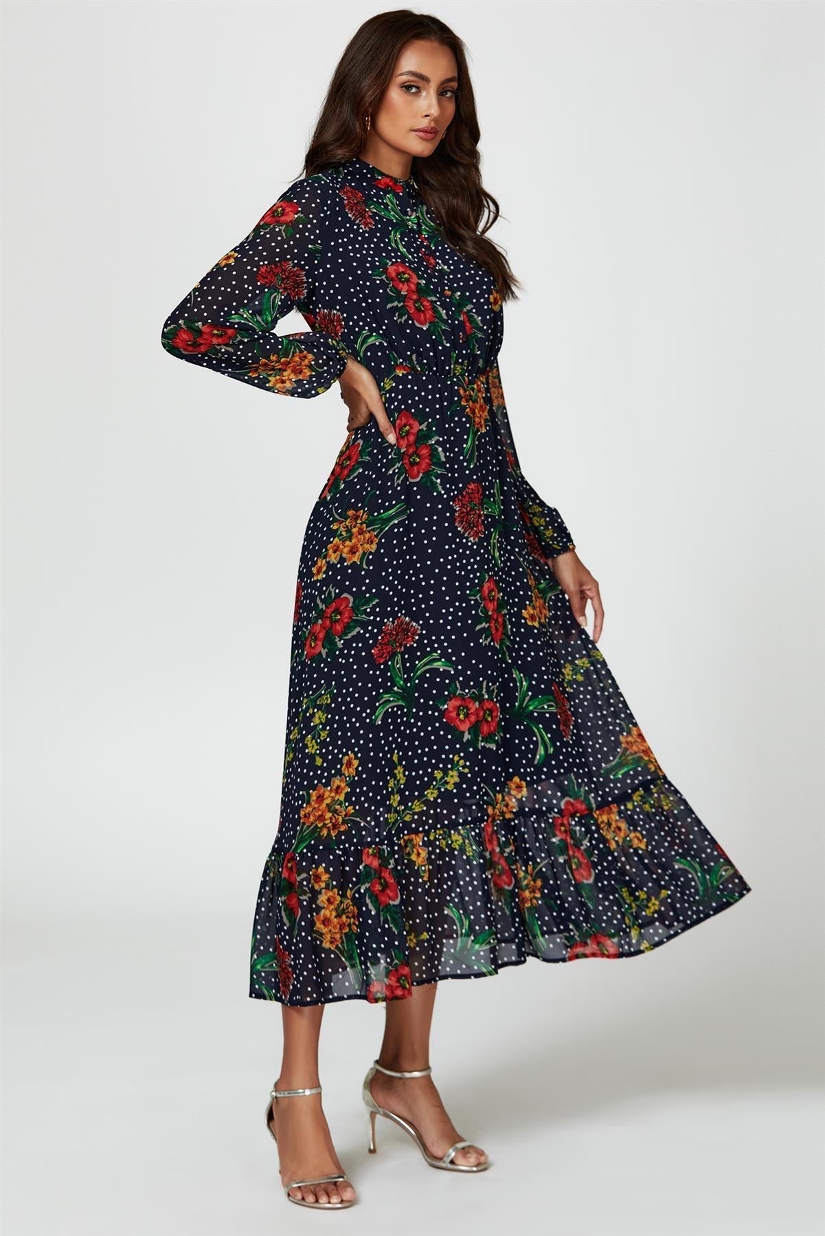 Floral Dot Print Maxi Dress In Navy - AXON