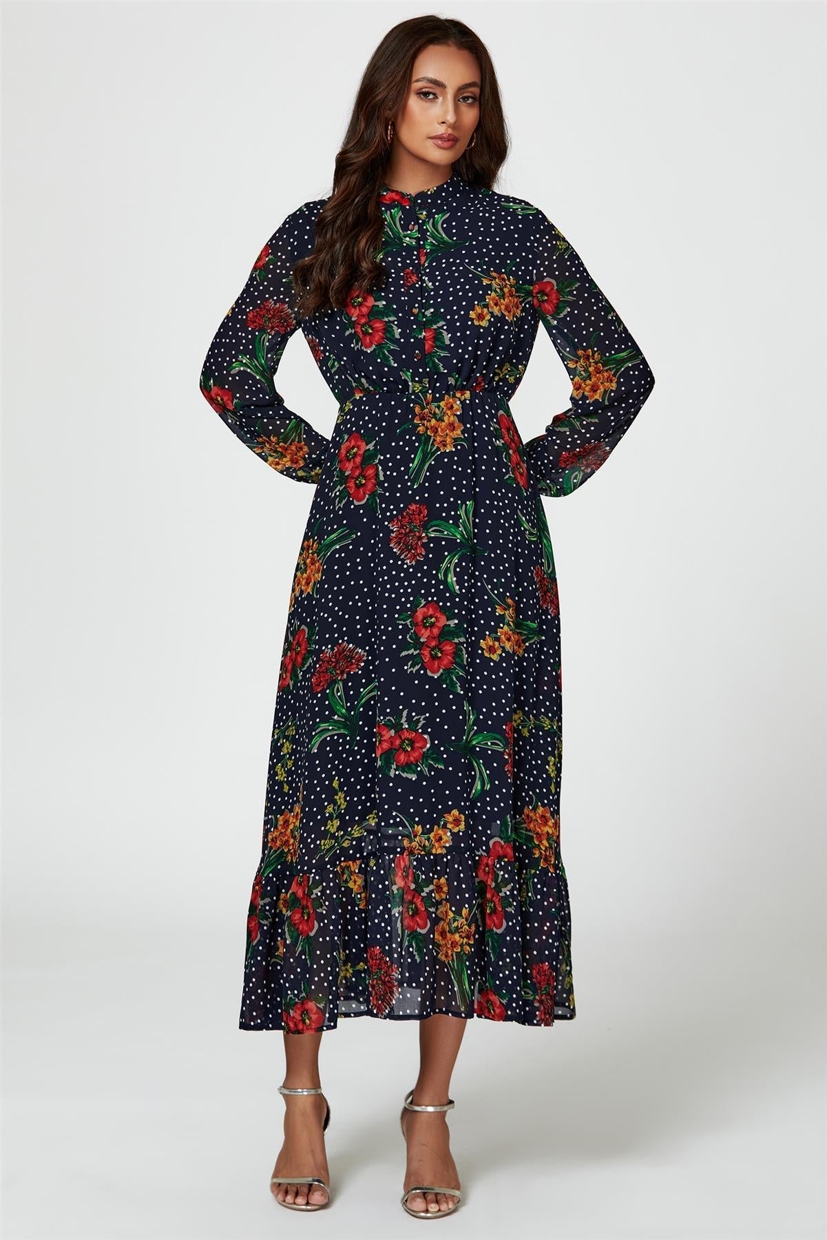 Floral Dot Print Maxi Dress In Navy - AXON