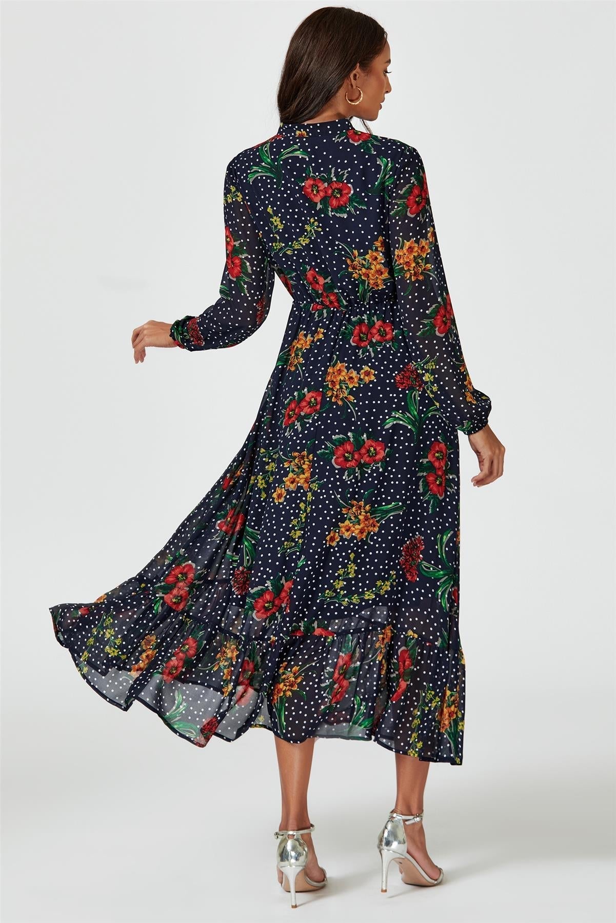 Floral Dot Print Maxi Dress In Navy - AXON