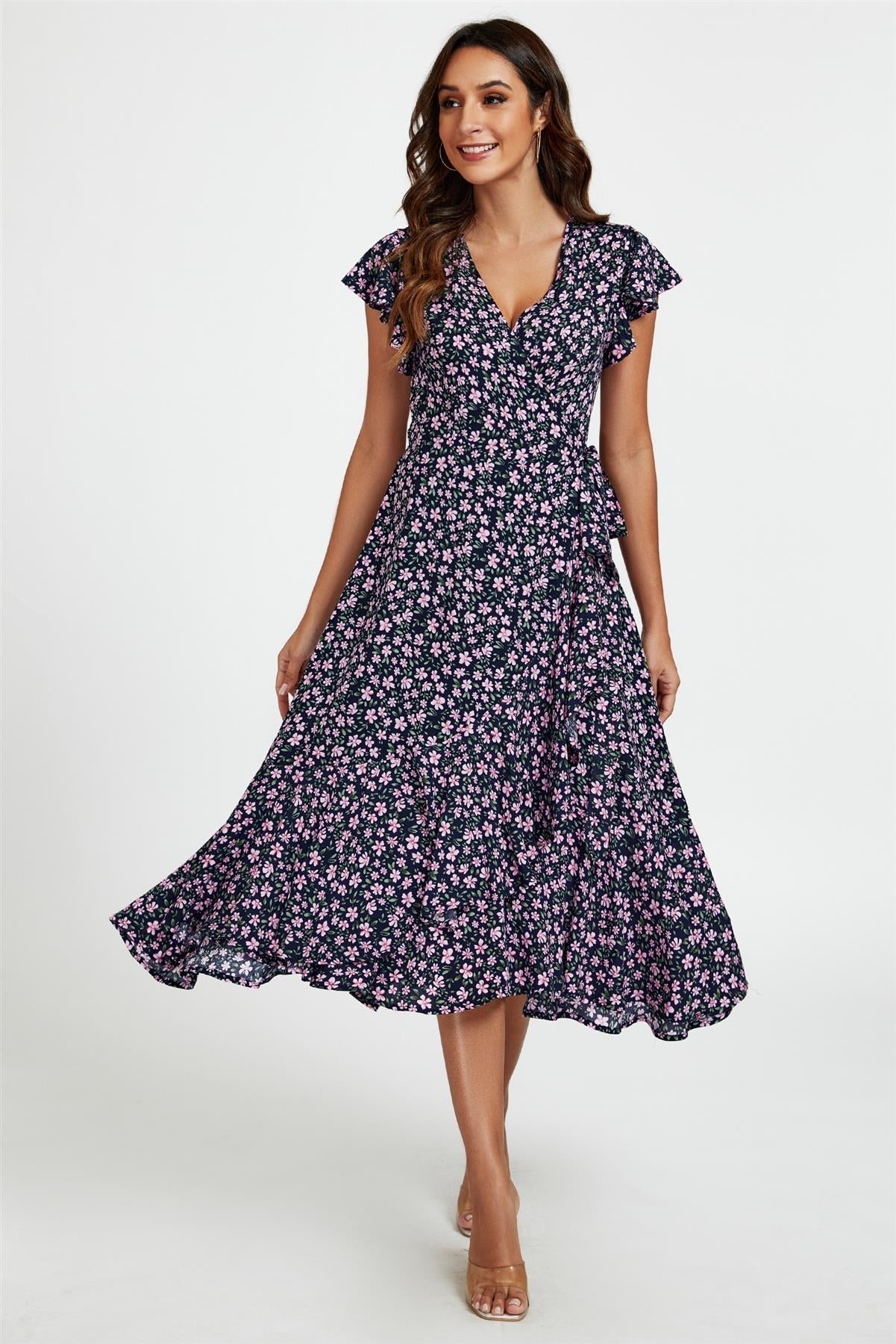 Floral Frill Sleeve Midi Wrap Dress In Navy - AXON