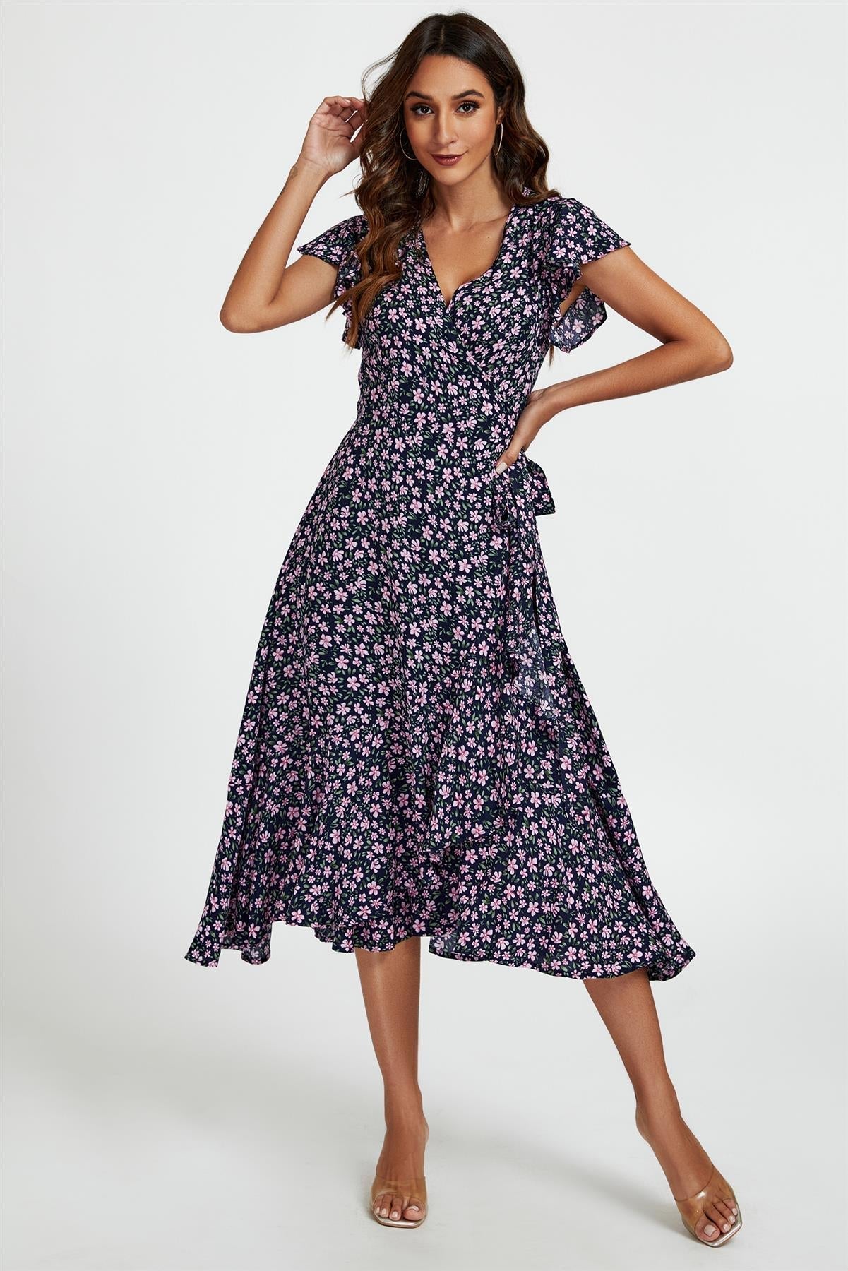 Floral Frill Sleeve Midi Wrap Dress In Navy - AXON