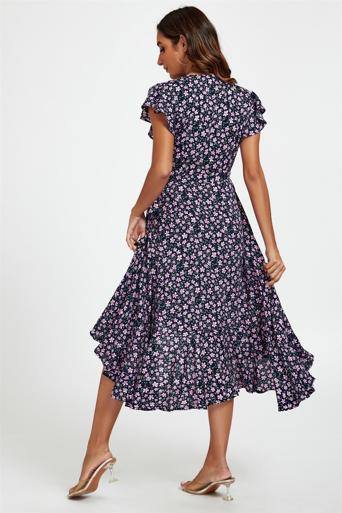 Floral Frill Sleeve Midi Wrap Dress In Navy - AXON