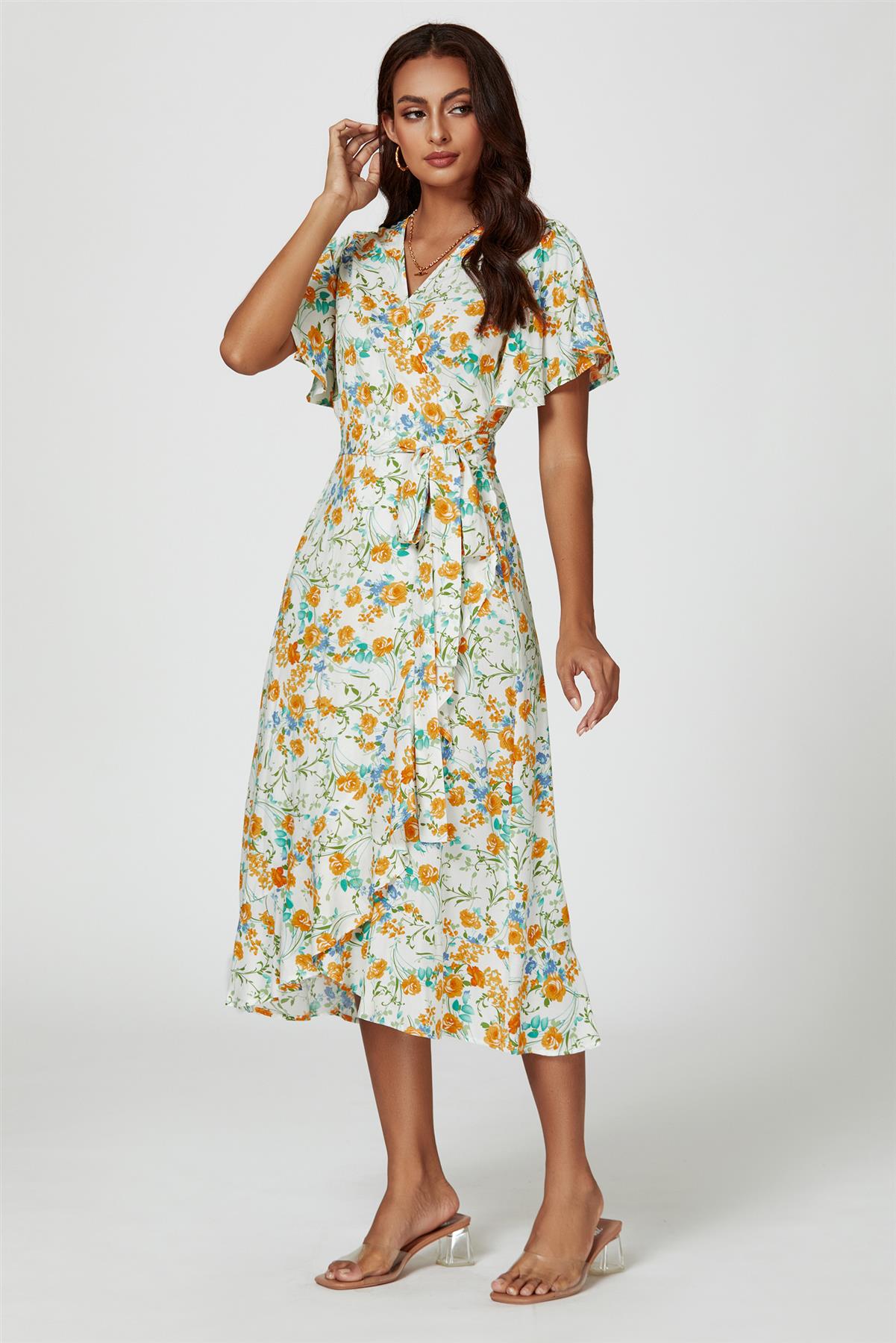 Floral Print Angel Sleeve Wrap Midi Dress In Yellow - AXON