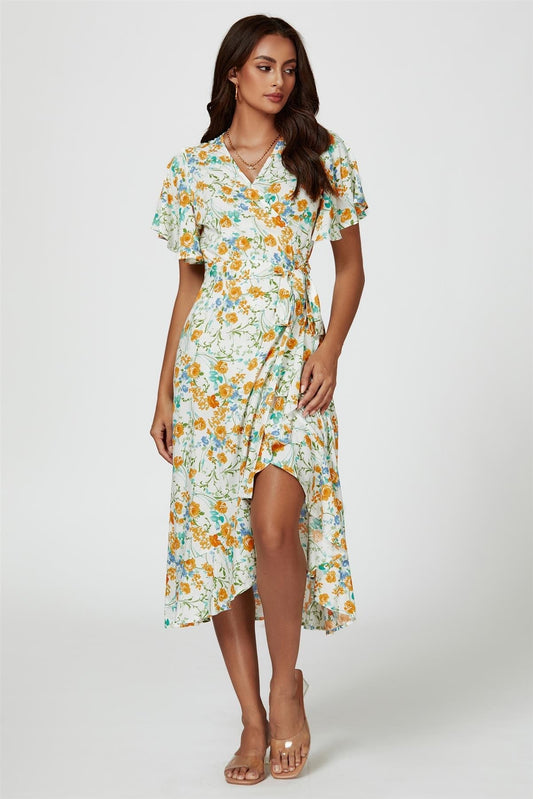 Floral Print Angel Sleeve Wrap Midi Dress In Yellow - AXON