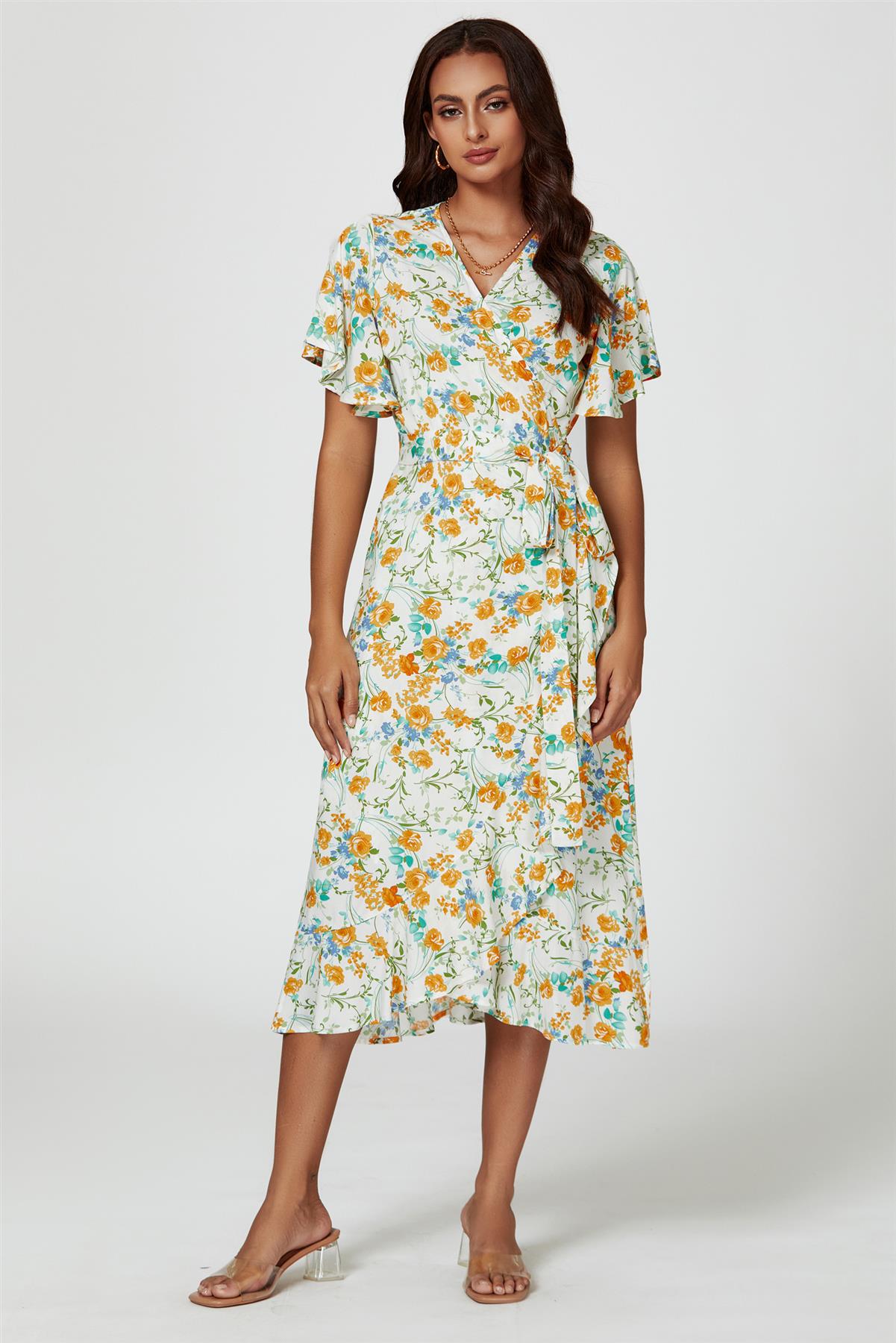Floral Print Angel Sleeve Wrap Midi Dress In Yellow - AXON