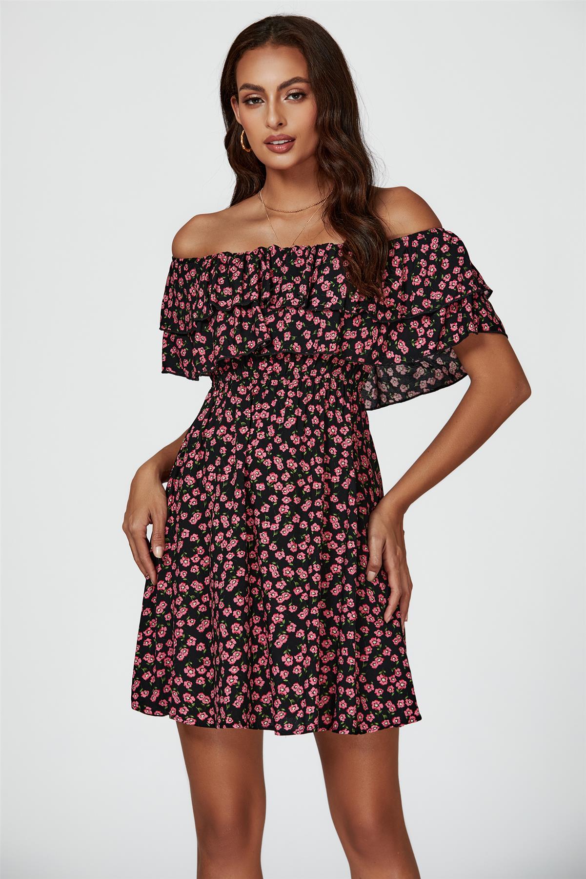 Floral Print Bardot Frill Mini Dress In Black - AXON