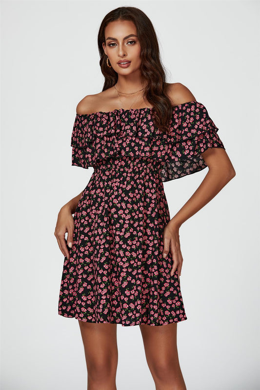 Floral Print Bardot Frill Mini Dress In Black - AXON