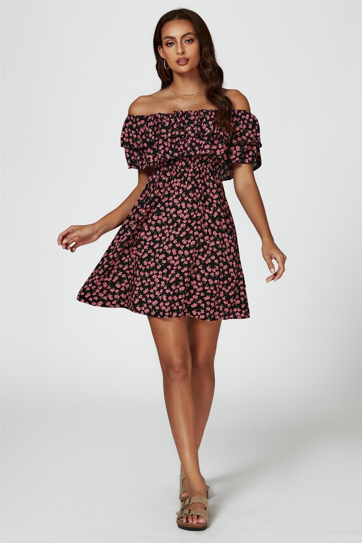 Floral Print Bardot Frill Mini Dress In Black - AXON