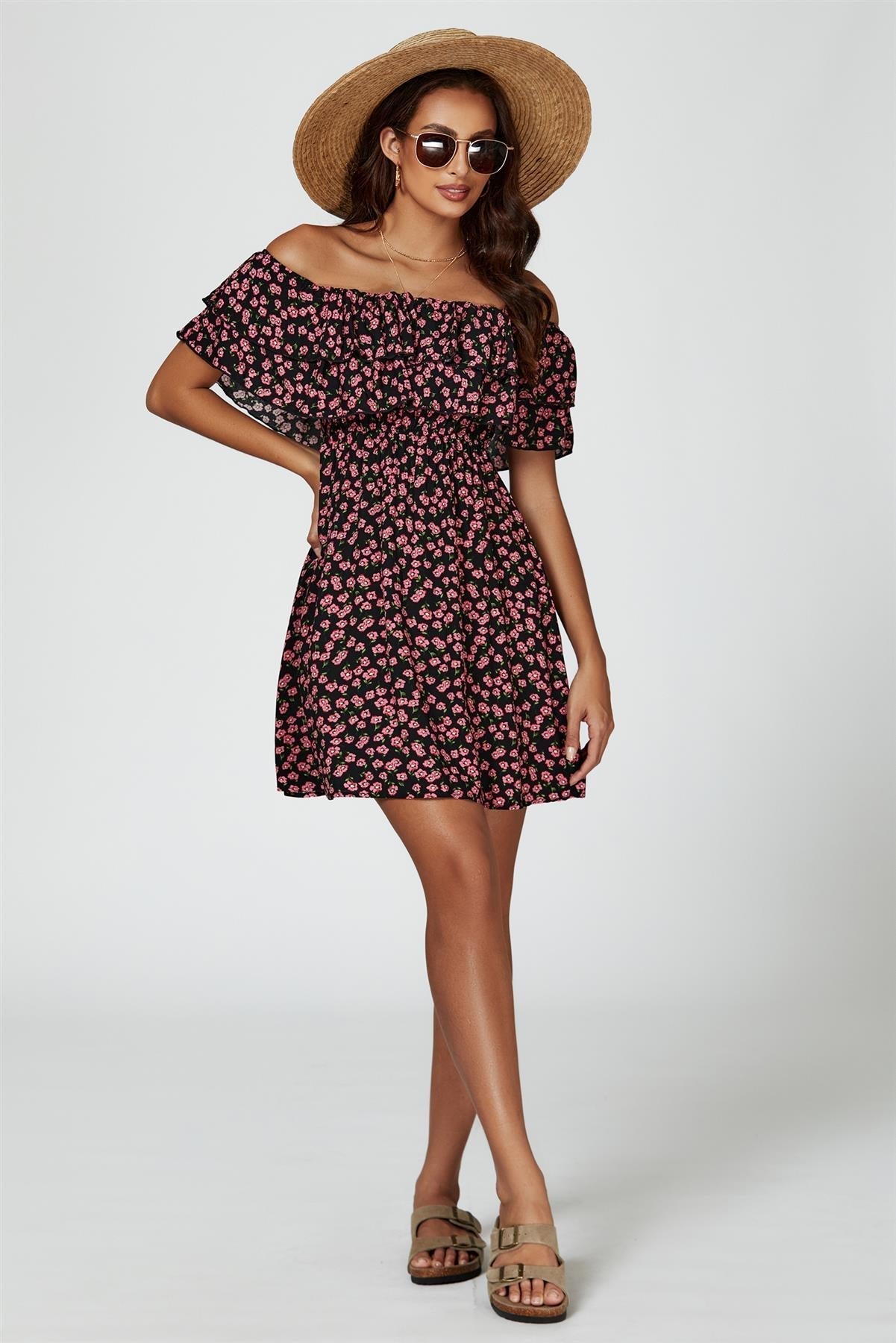 Floral Print Bardot Frill Mini Dress In Black - AXON