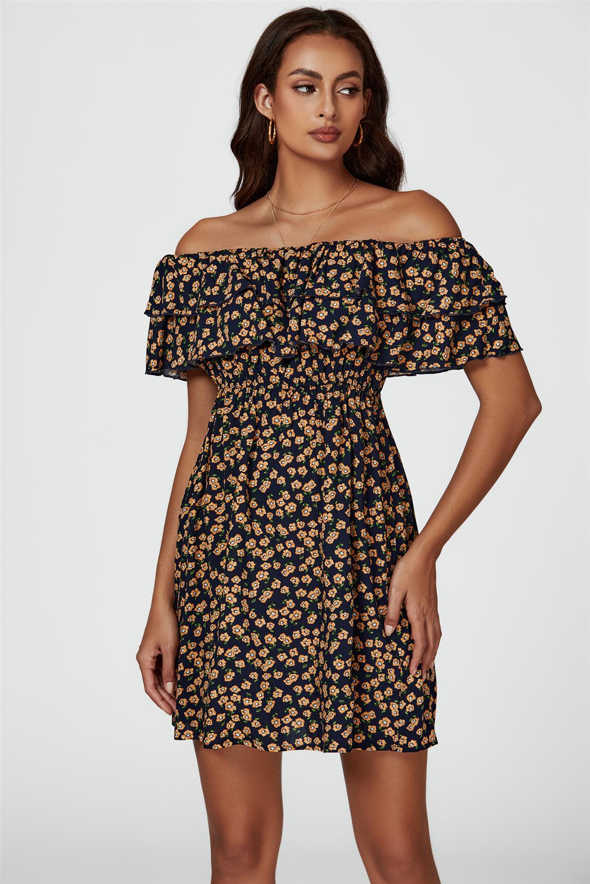 Floral Print Bardot Frill Mini Dress In Navy - AXON