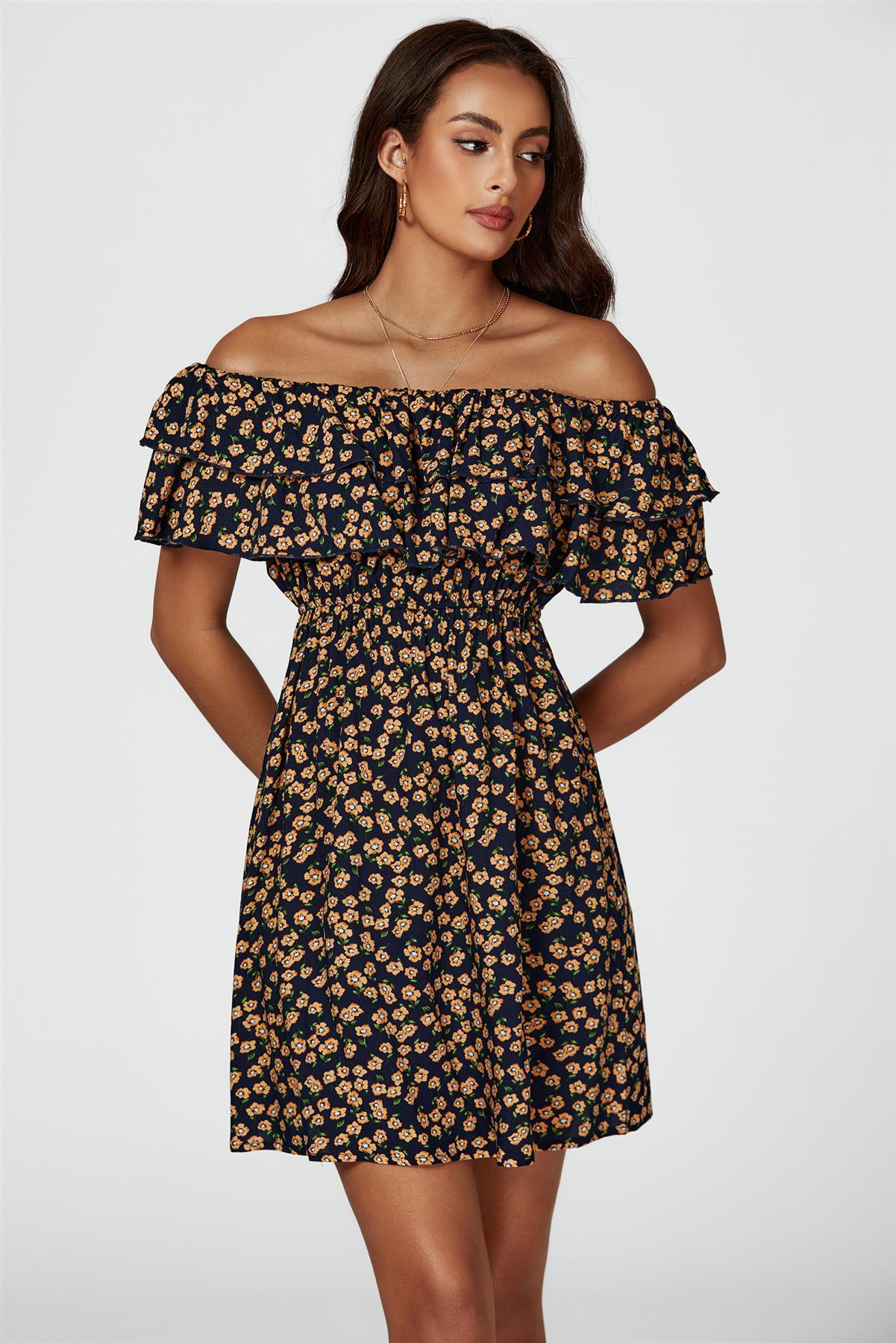 Floral Print Bardot Frill Mini Dress In Navy - AXON
