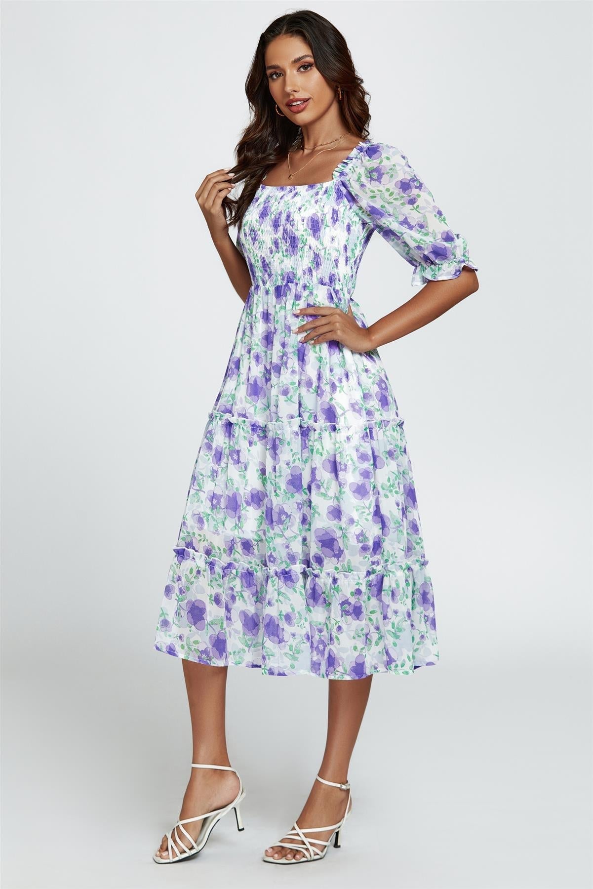 Floral Print Bardot Puff Sleeve Elasticated Detail Midi Dress In White - AXON