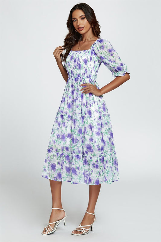 Floral Print Bardot Puff Sleeve Elasticated Detail Midi Dress In White - AXON