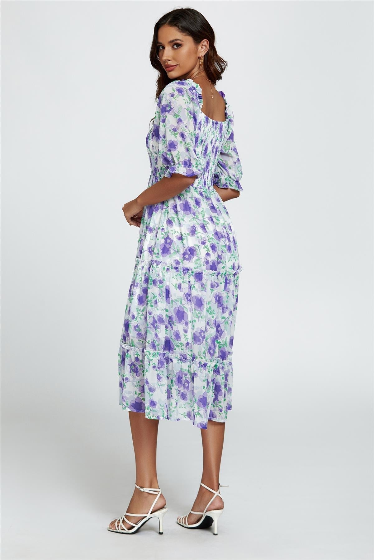 Floral Print Bardot Puff Sleeve Elasticated Detail Midi Dress In White - AXON