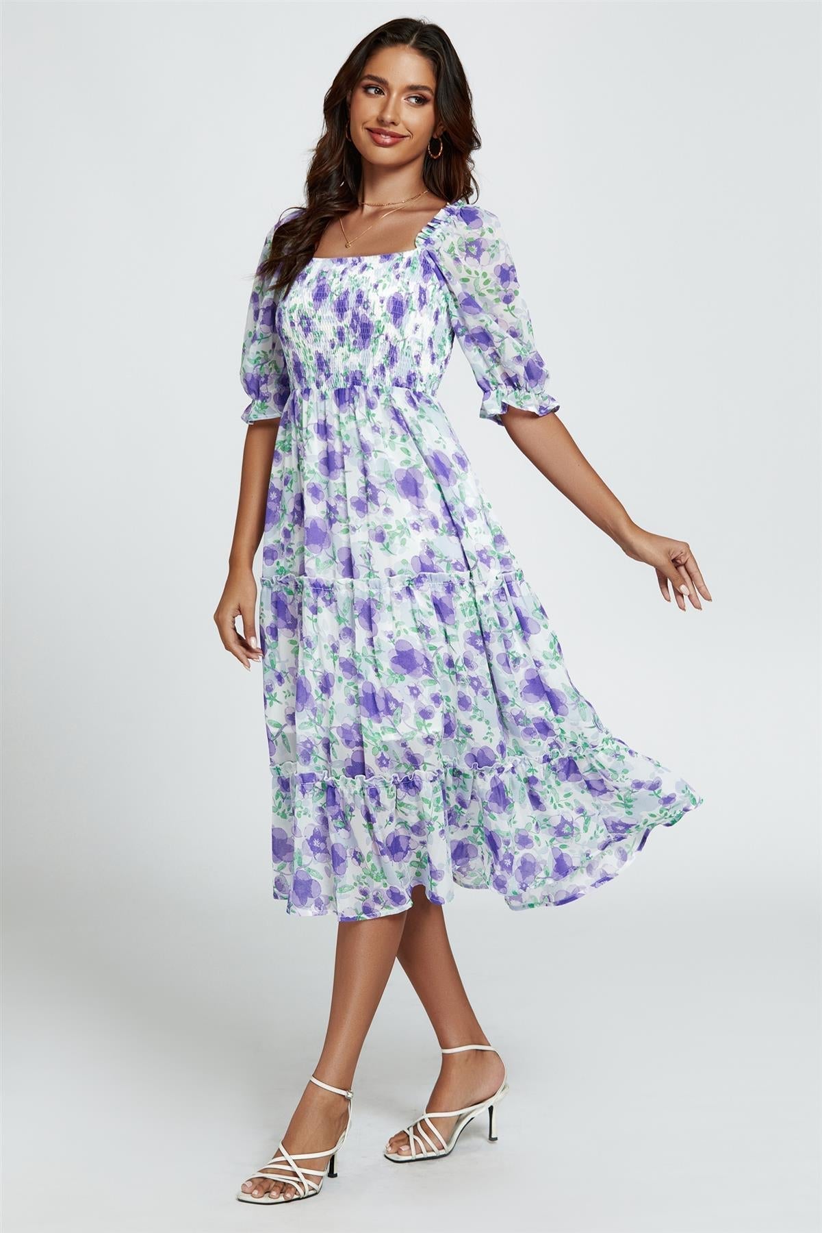 Floral Print Bardot Puff Sleeve Elasticated Detail Midi Dress In White - AXON