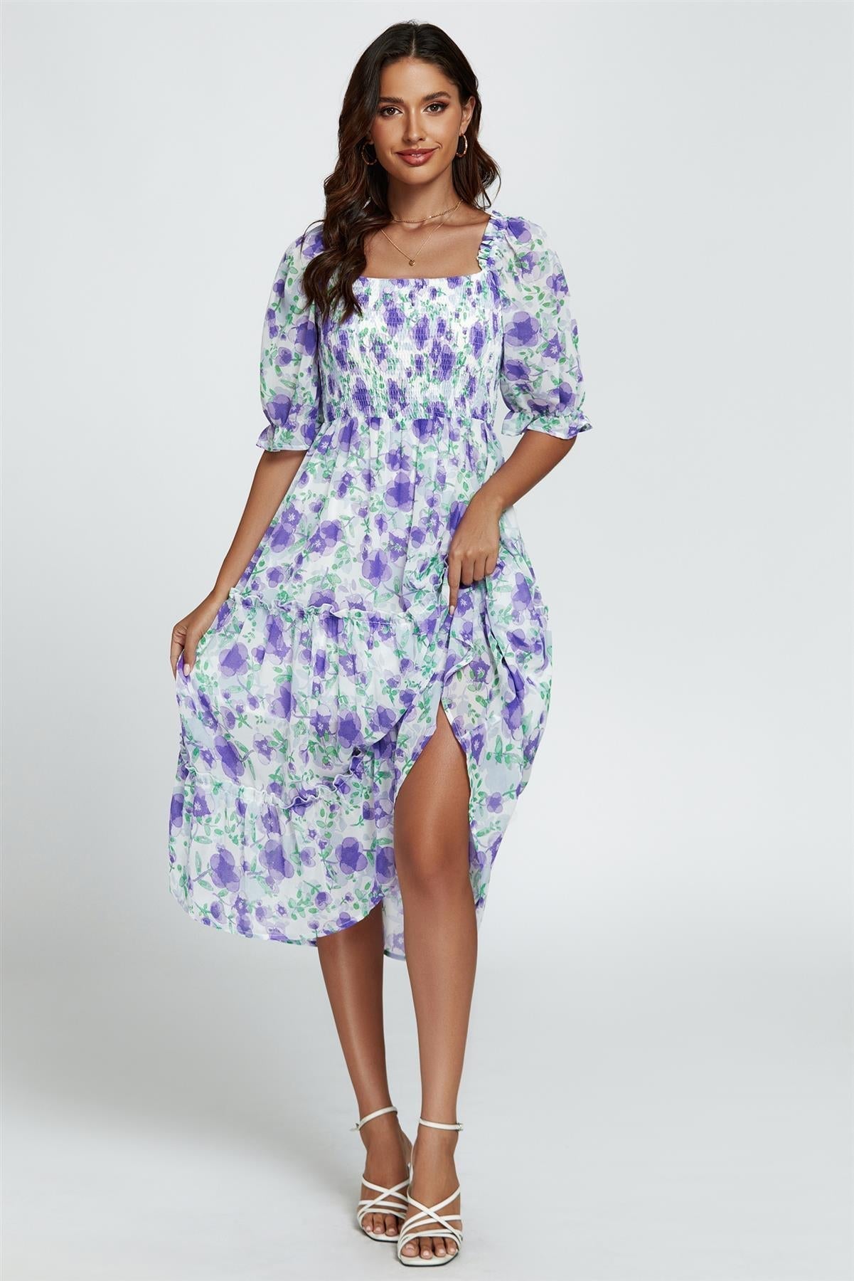 Floral Print Bardot Puff Sleeve Elasticated Detail Midi Dress In White - AXON