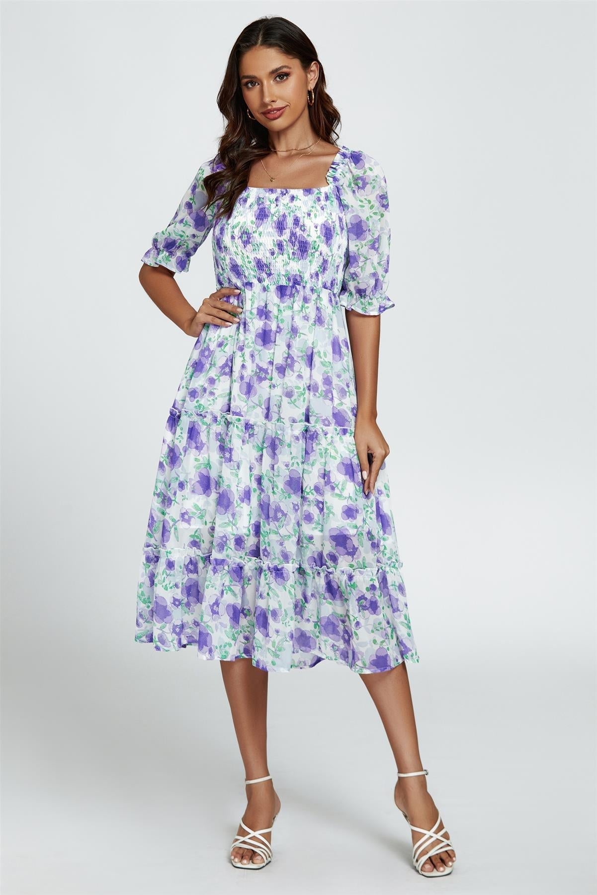 Floral Print Bardot Puff Sleeve Elasticated Detail Midi Dress In White - AXON