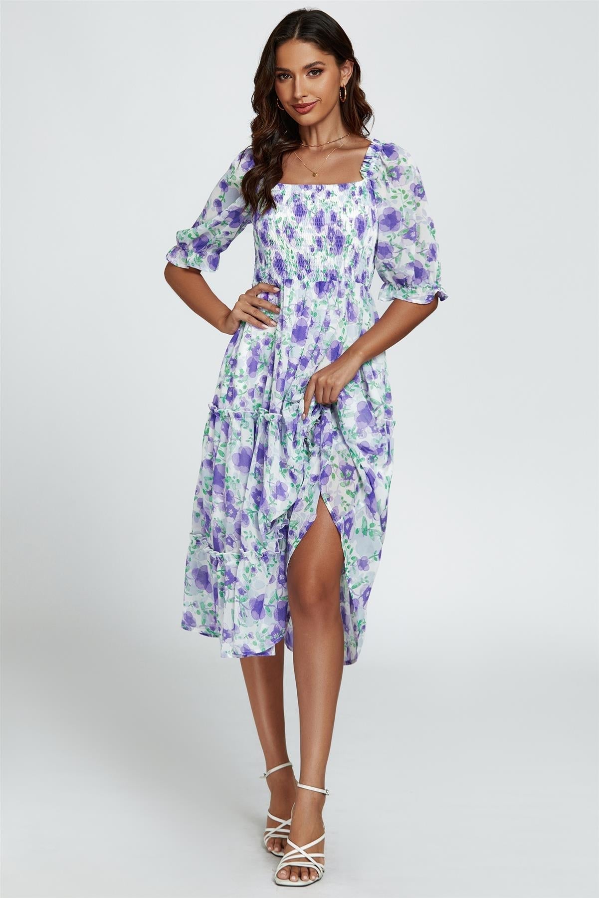 Floral Print Bardot Puff Sleeve Elasticated Detail Midi Dress In White - AXON