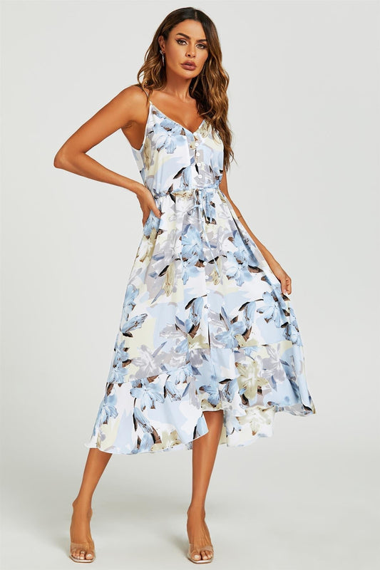 Floral Print Button Down High Low Strappy Dress In Blue - AXON