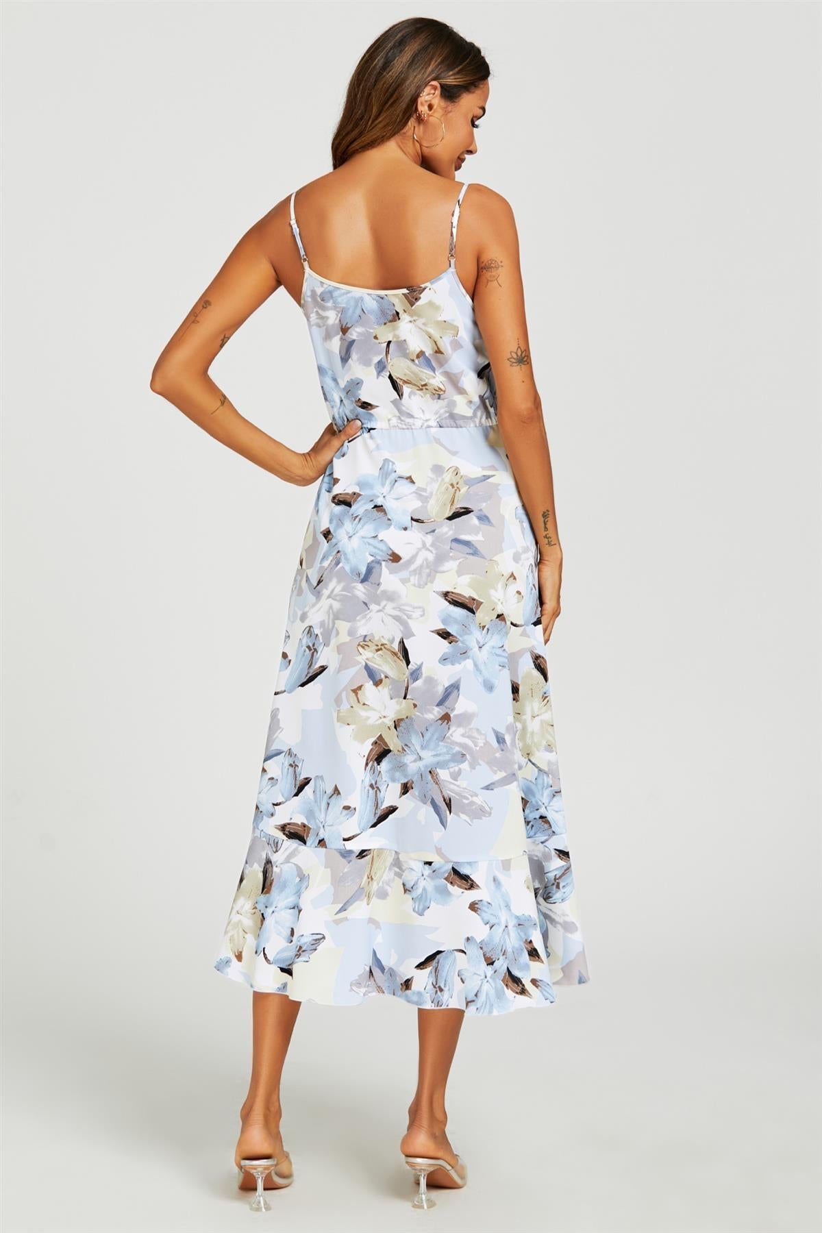 Floral Print Button Down High Low Strappy Dress In Blue - AXON