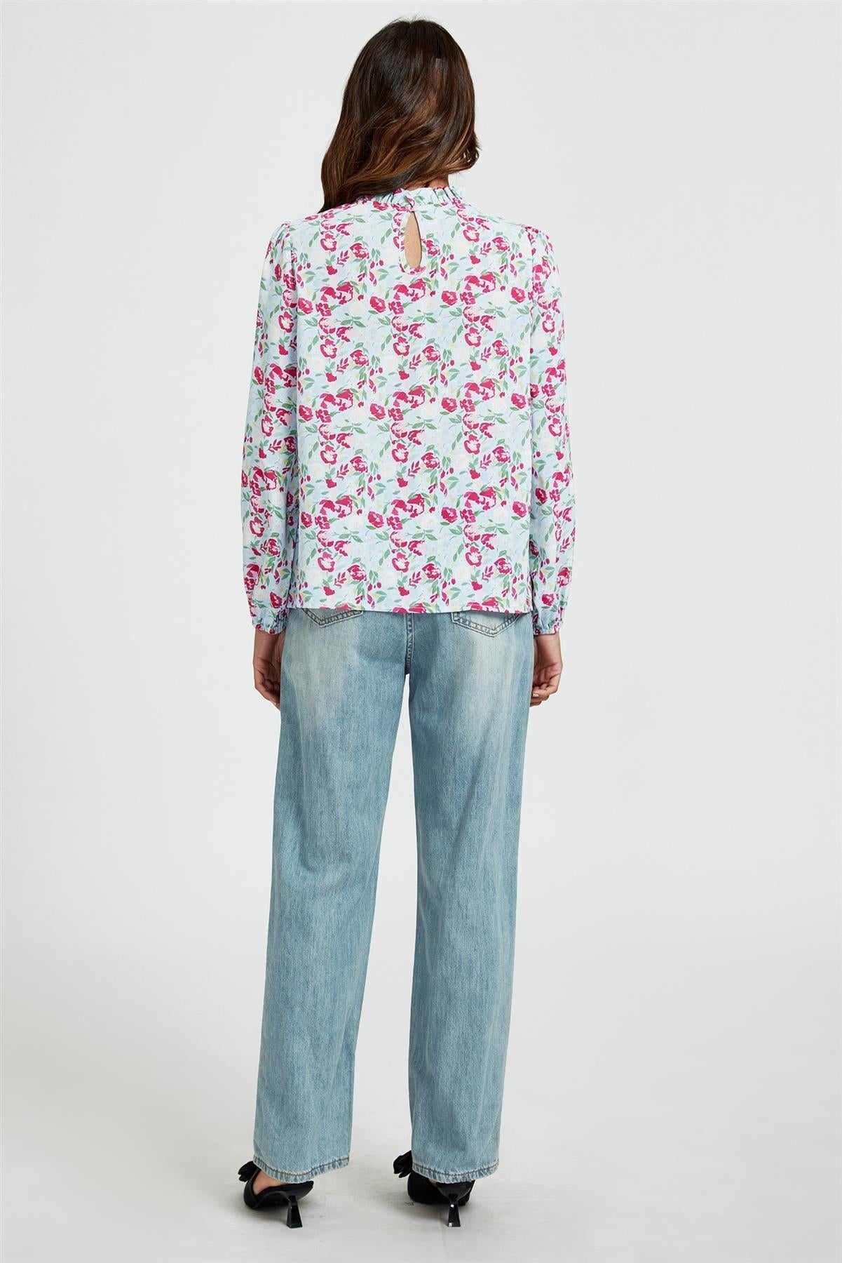 Floral Print Frill Detail High Neck Top In Blue & Pink - AXON