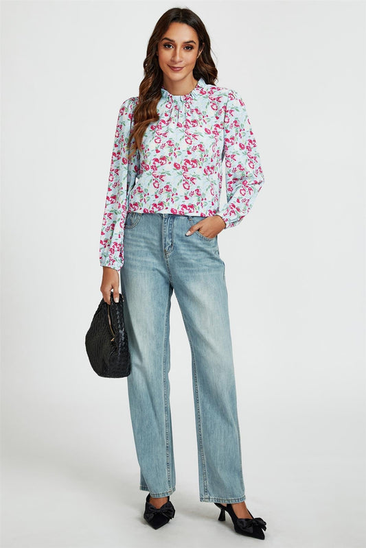 Floral Print Frill Detail High Neck Top In Blue & Pink - AXON