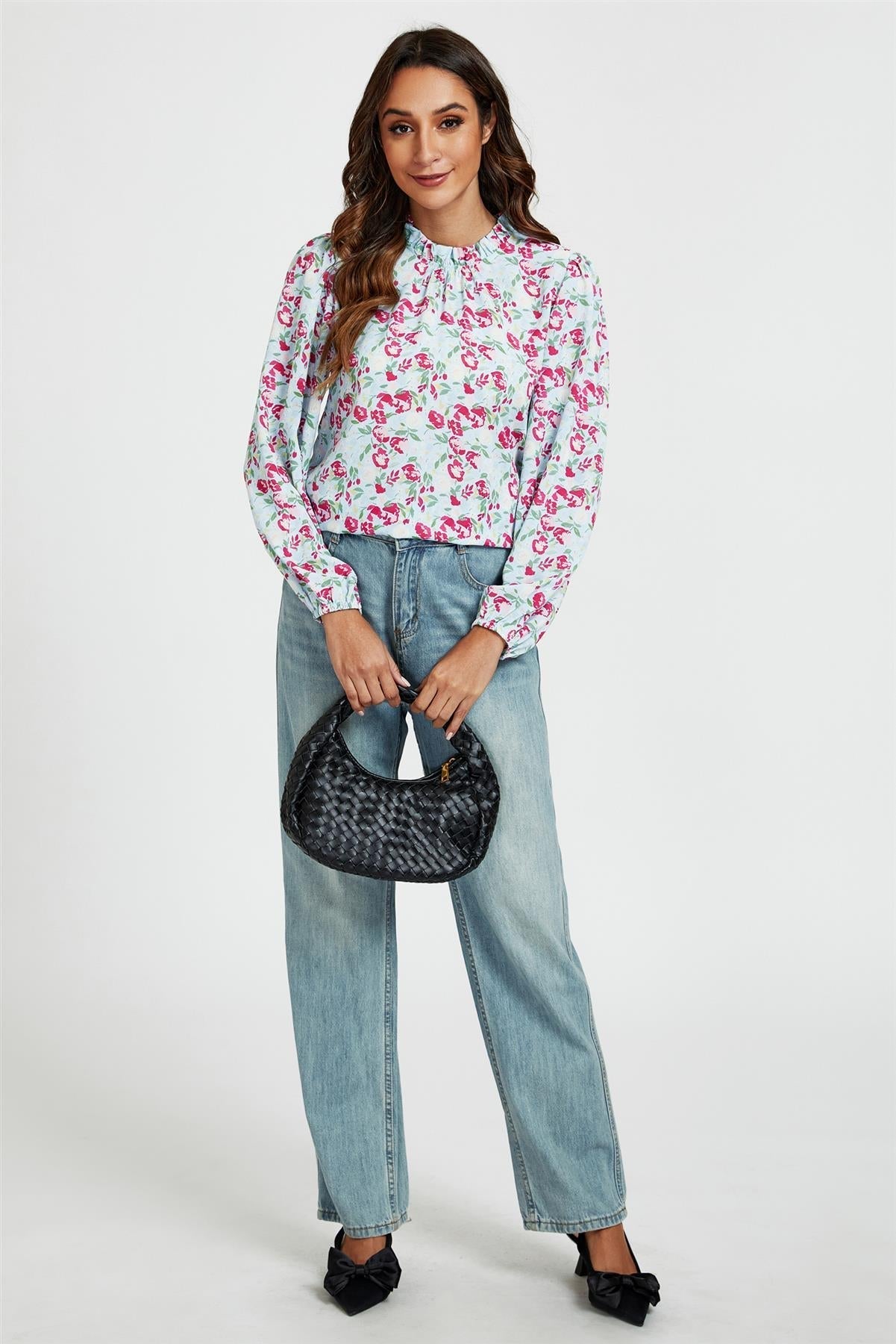 Floral Print Frill Detail High Neck Top In Blue & Pink - AXON