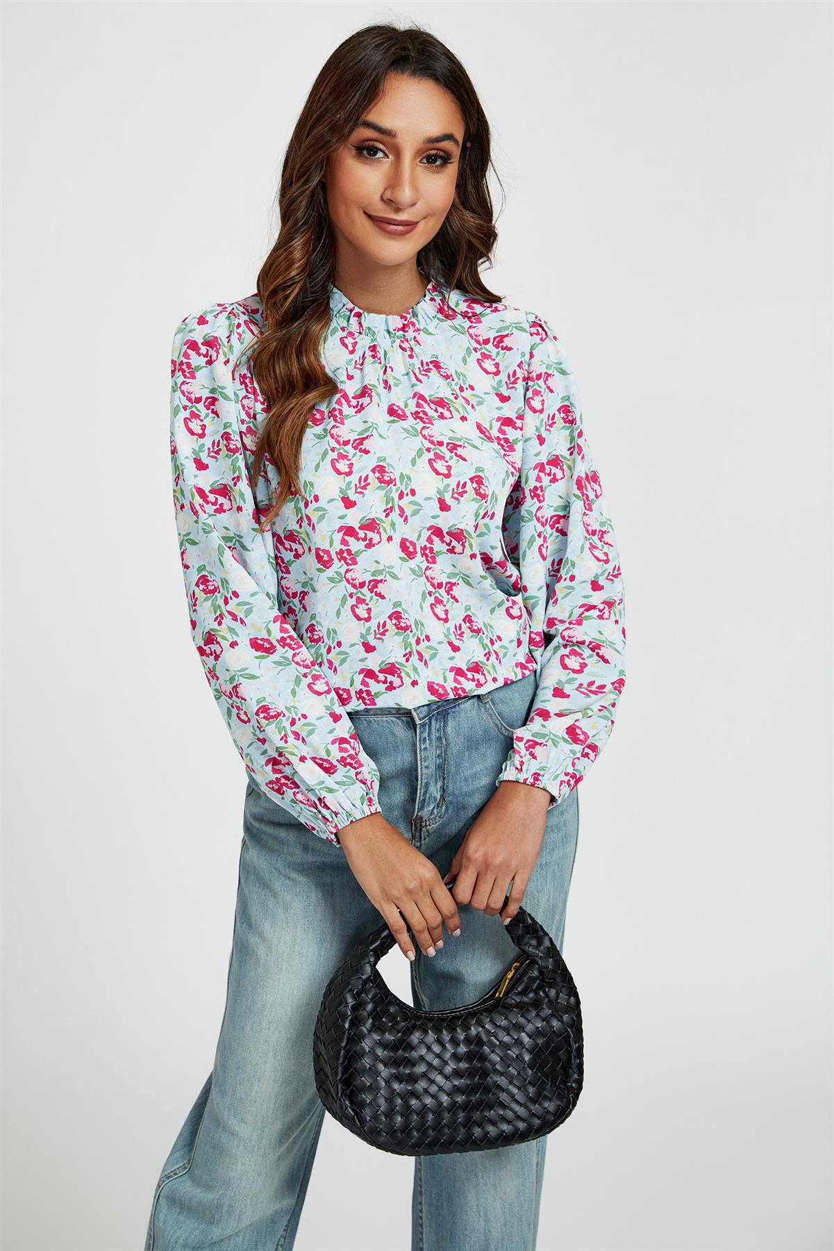 Floral Print Frill Detail High Neck Top In Blue & Pink - AXON