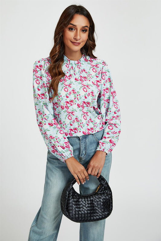 Floral Print Frill Detail High Neck Top In Blue & Pink - AXON