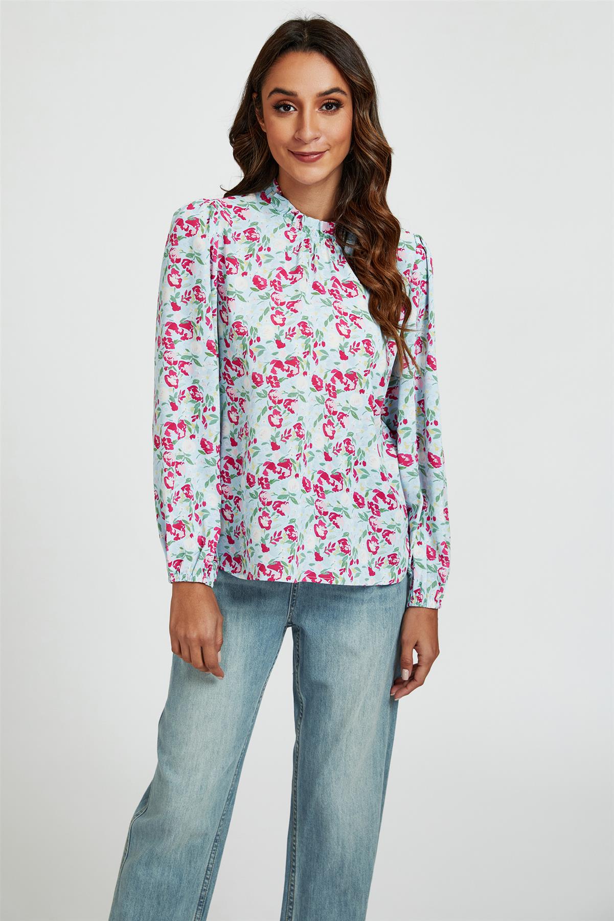 Floral Print Frill Detail High Neck Top In Blue & Pink - AXON