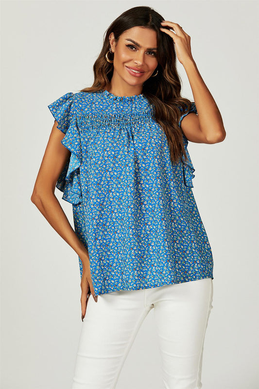 Floral Print Frill Hem Short Sleeve Blouse Top In Blue - AXON