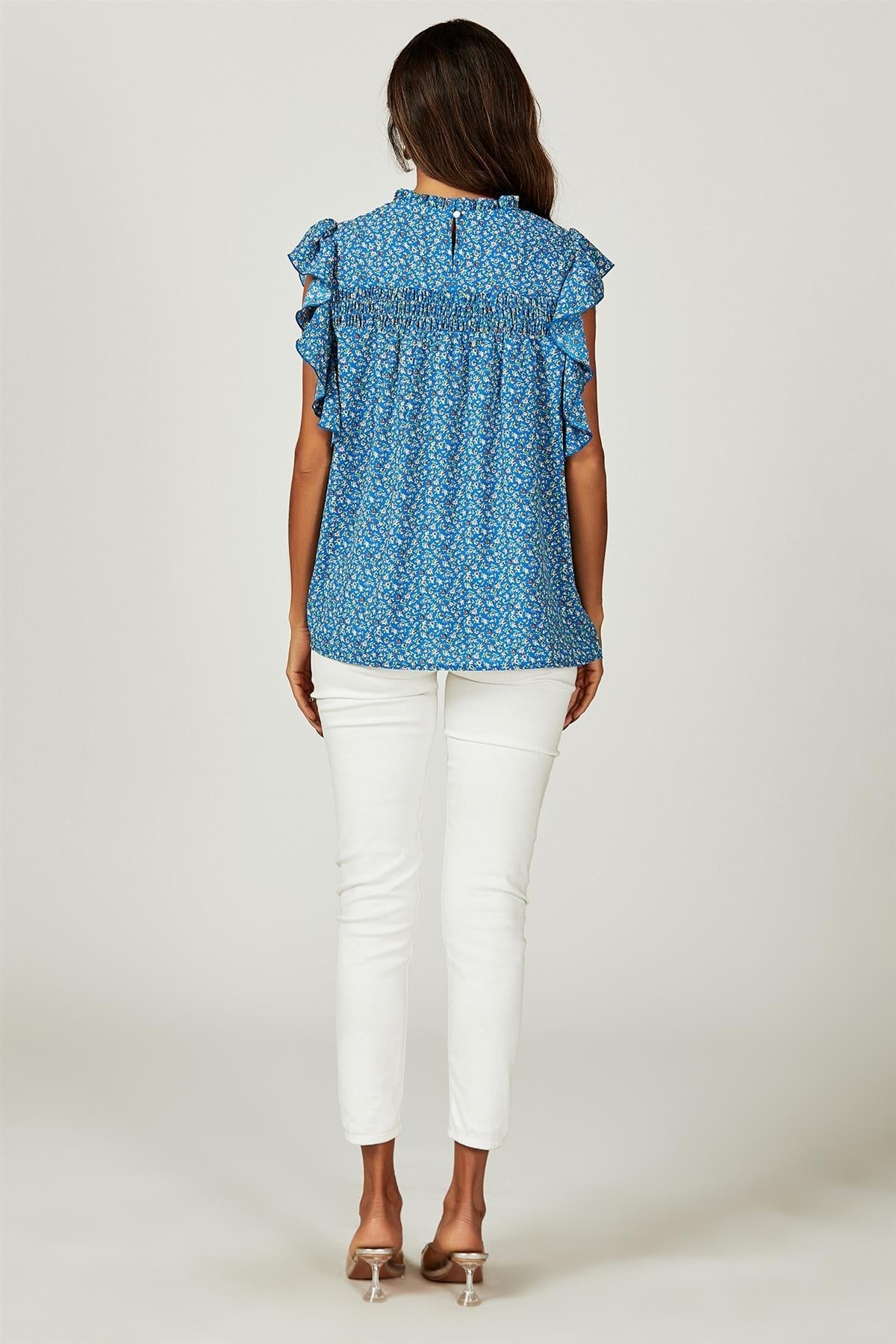 Floral Print Frill Hem Short Sleeve Blouse Top In Blue - AXON