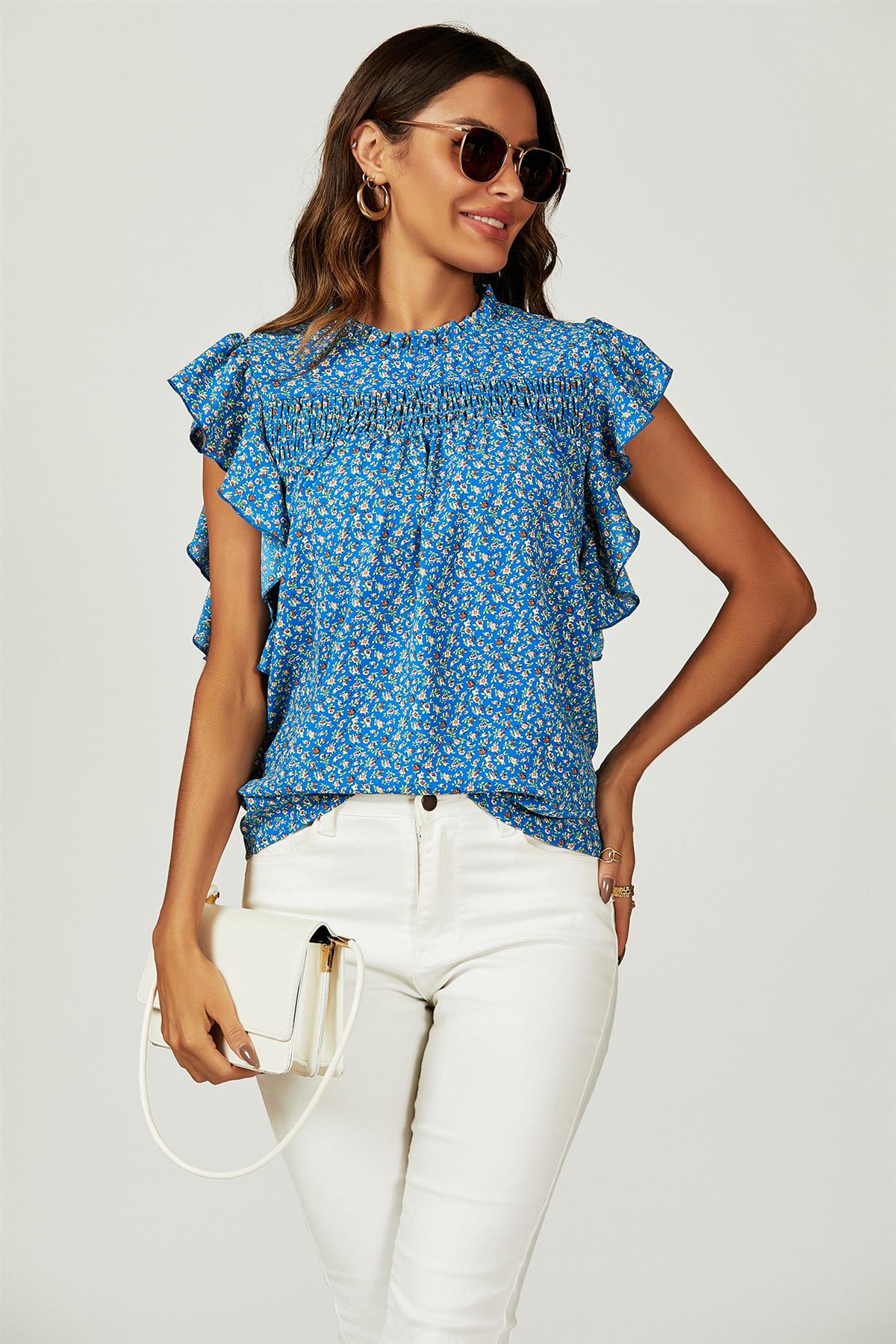 Floral Print Frill Hem Short Sleeve Blouse Top In Blue - AXON