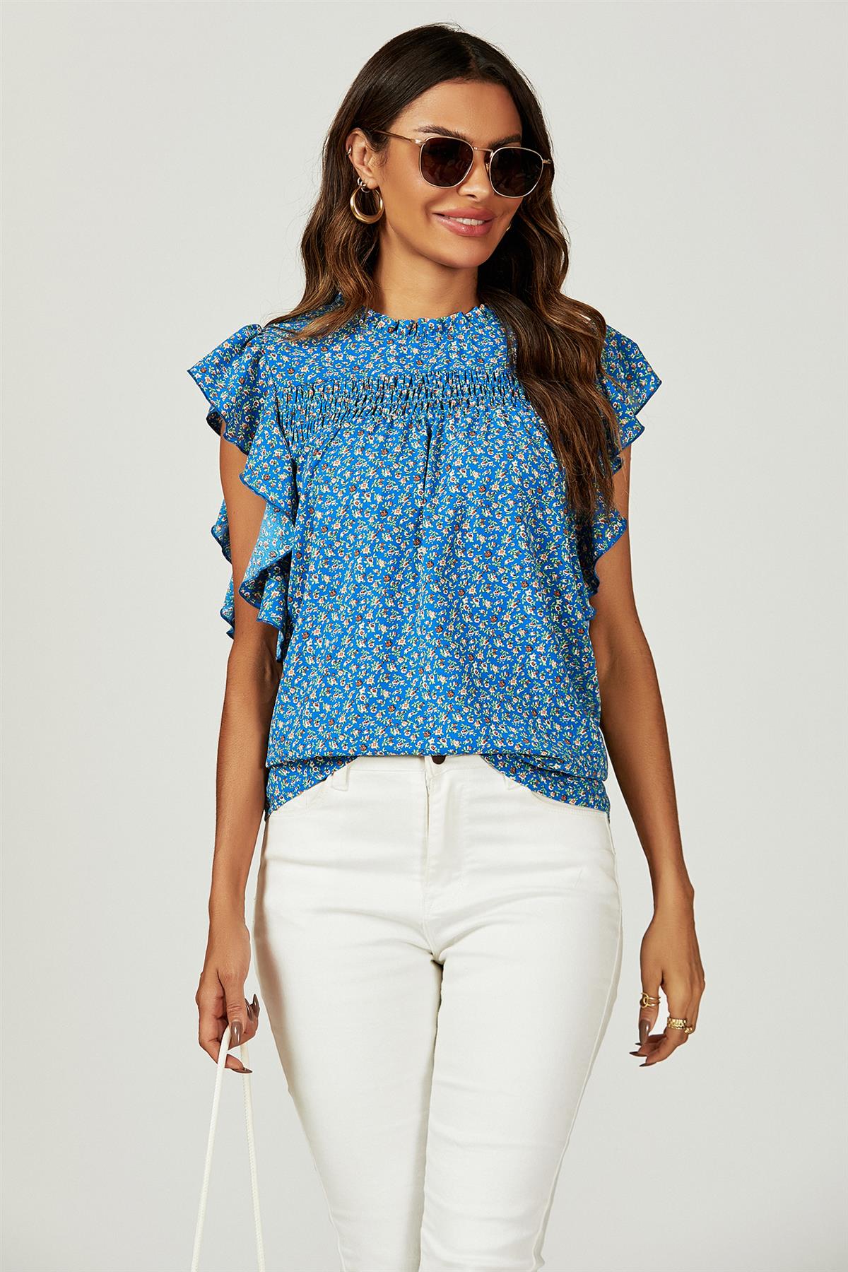 Floral Print Frill Hem Short Sleeve Blouse Top In Blue - AXON
