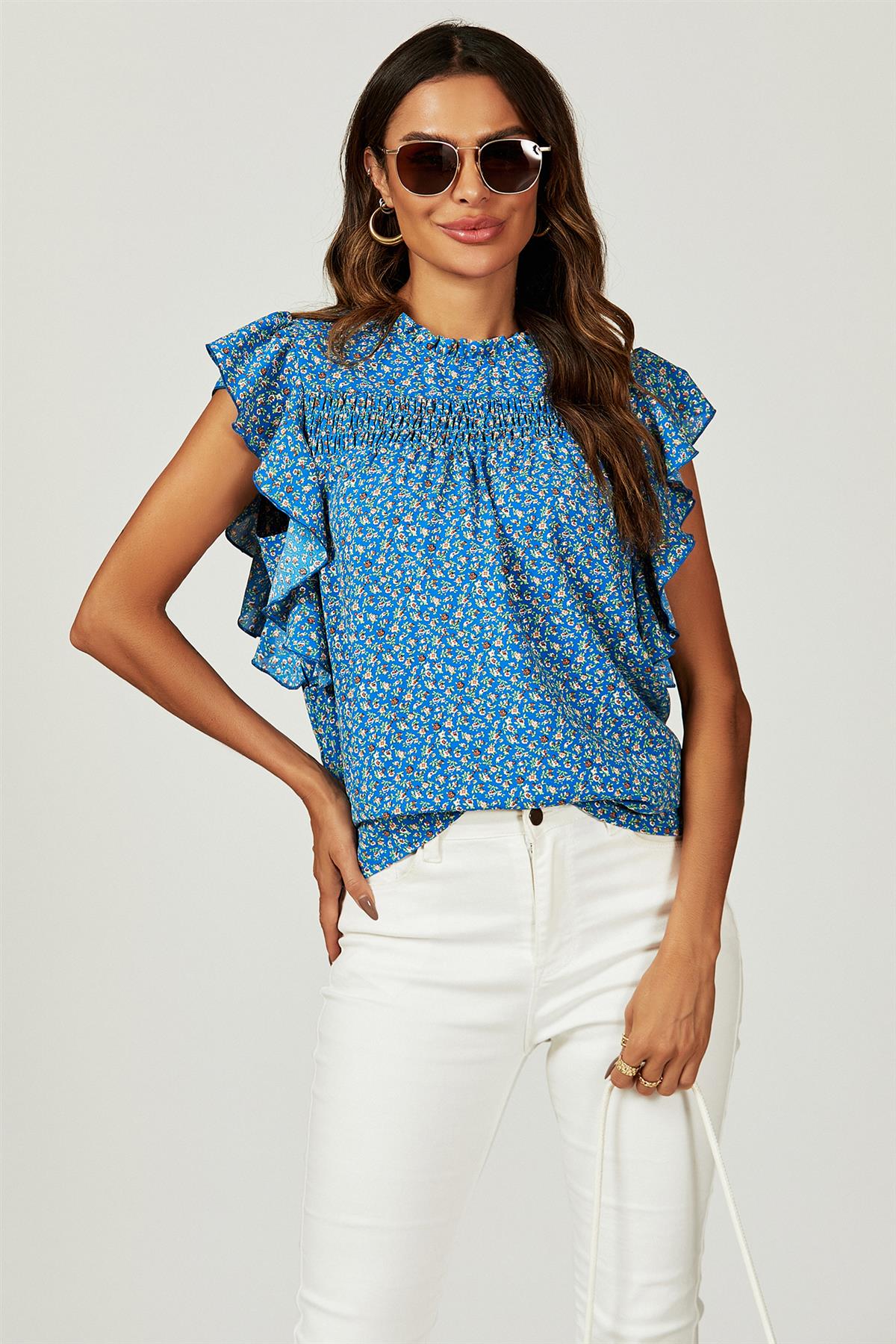 Floral Print Frill Hem Short Sleeve Blouse Top In Blue - AXON