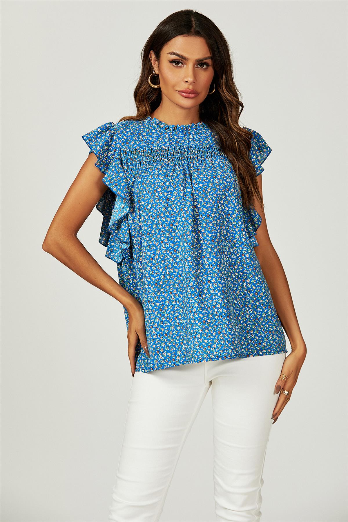 Floral Print Frill Hem Short Sleeve Blouse Top In Blue - AXON