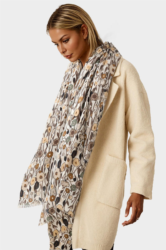 Floral Print Fringed edges Scarf In Brown - AXON